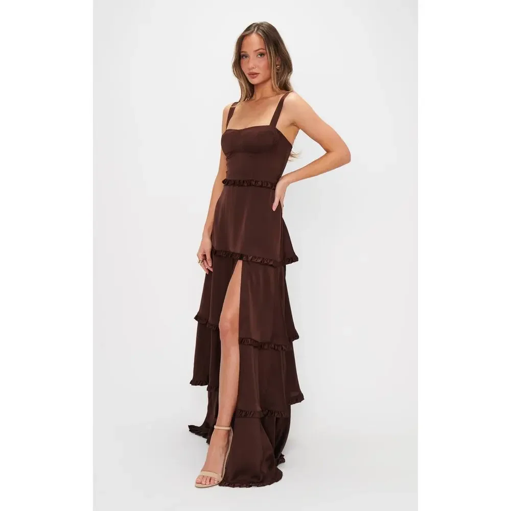 Show Me Your Mumu Lady Corset Dress in Chocolate Luxe Satin L